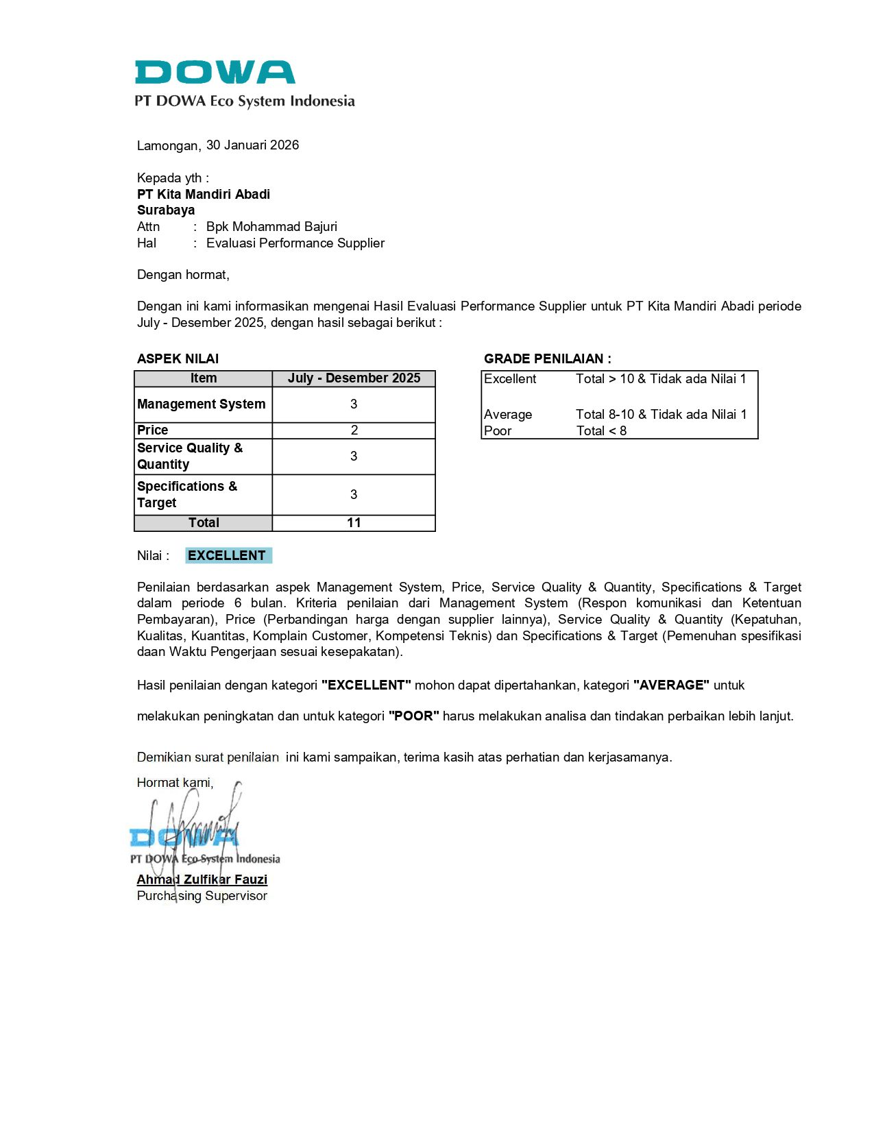 PT Kita Mandiri Abadi Raih Predikat "EXCELLENT" dalam Evaluasi Performa Supplier SMT II 2025